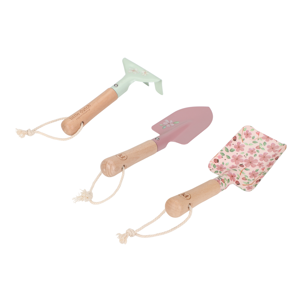 Little Dutch set tuingereedschap Fairy Garden, hark, schep en handschoen liggend