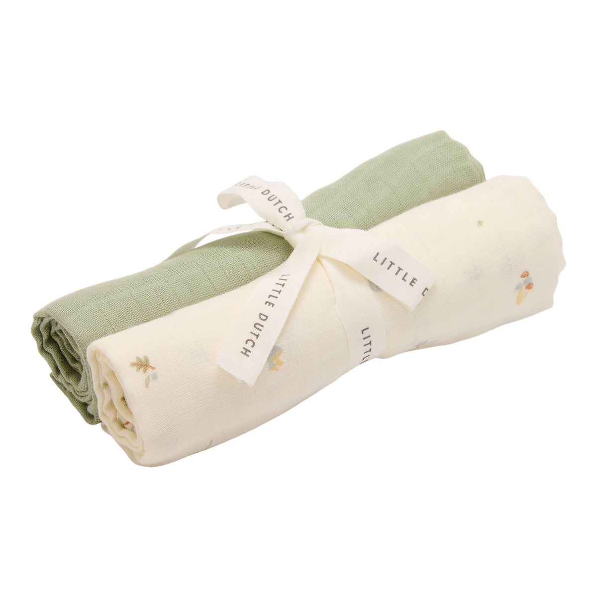 Little Dutch hydrofiele swaddle doeken, opgerold in Forest Treasures en Sage