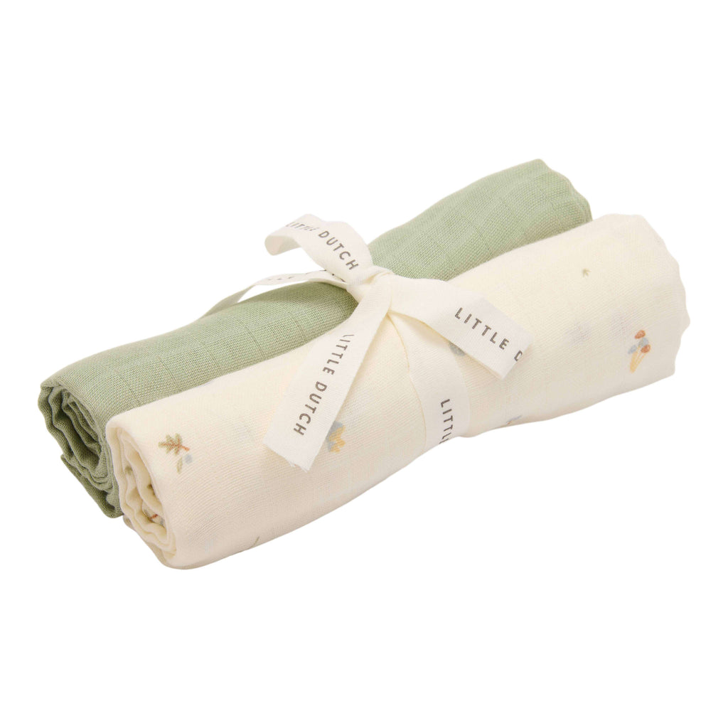 Little Dutch hydrofiele swaddle doeken, opgerold in Forest Treasures en Sage