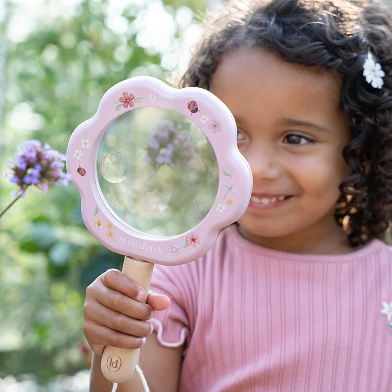 Little Dutch vergrootglas Fairy Garden, roze bloemvorm met houten handvat en koordje