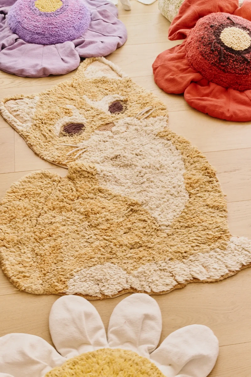 Detail van de geborduurde snorharen van het kattentapijt