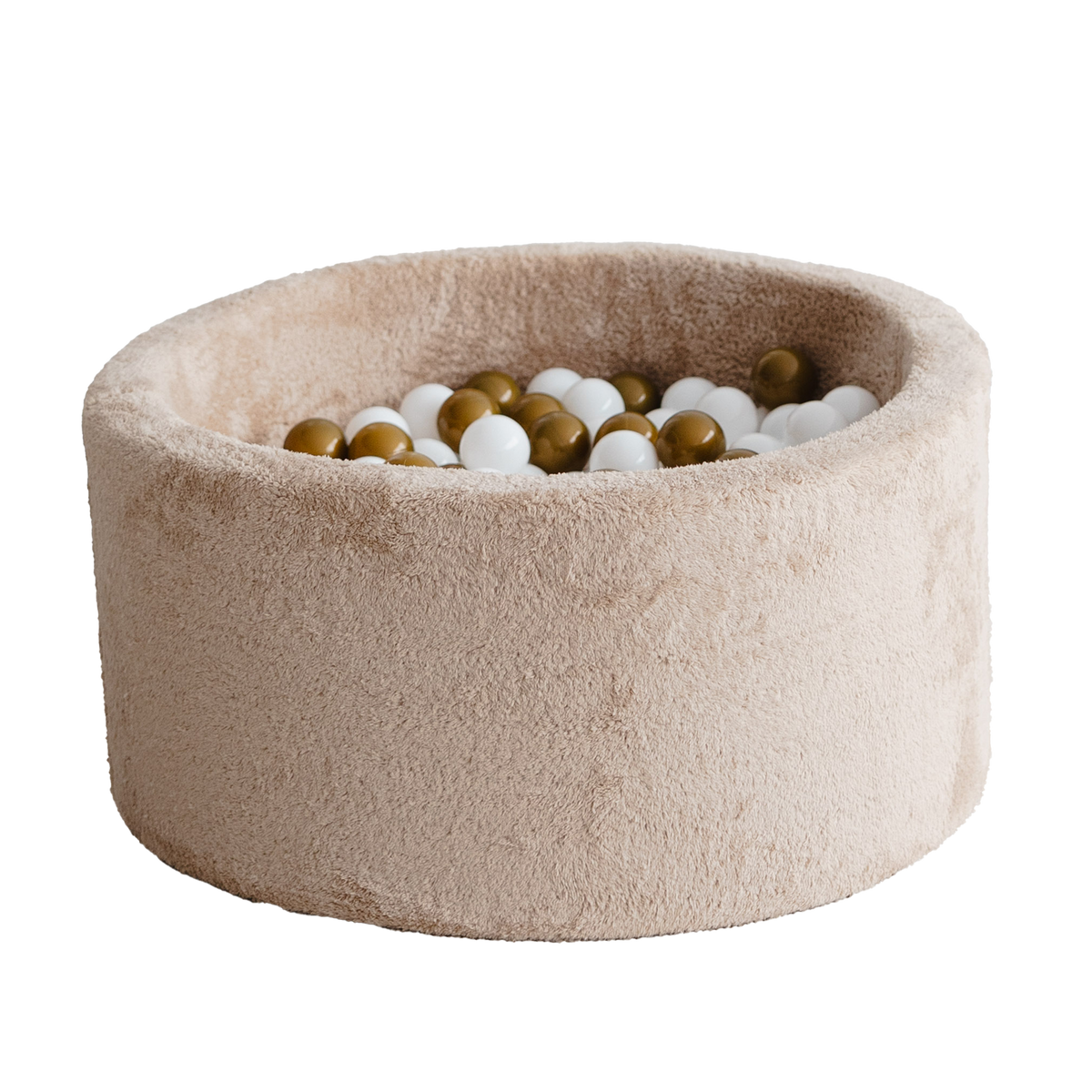 Moje ballenbad Teddy beige, rond ballenbad op witte achtergrond