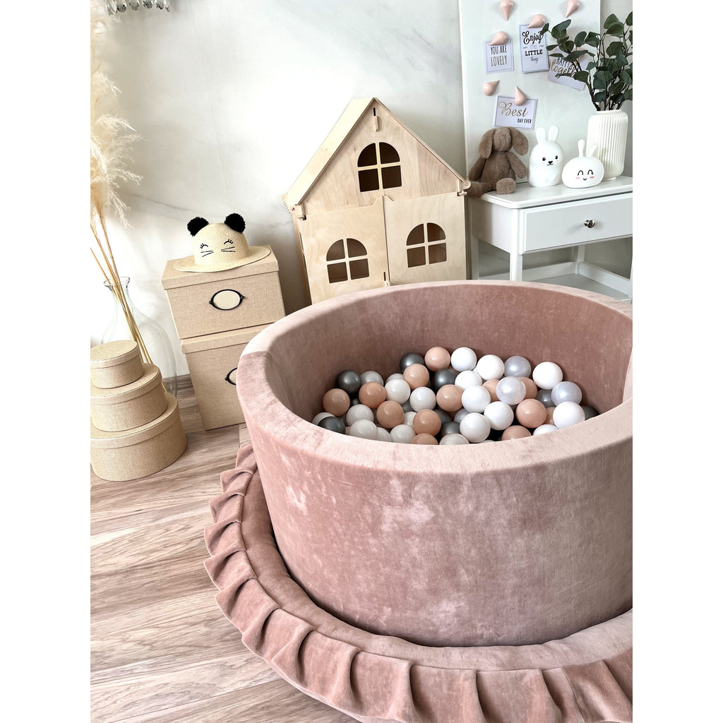 Moje ballenbad Soft Velvet dark beige met witte, parelmoer, zilveren en beige ballen