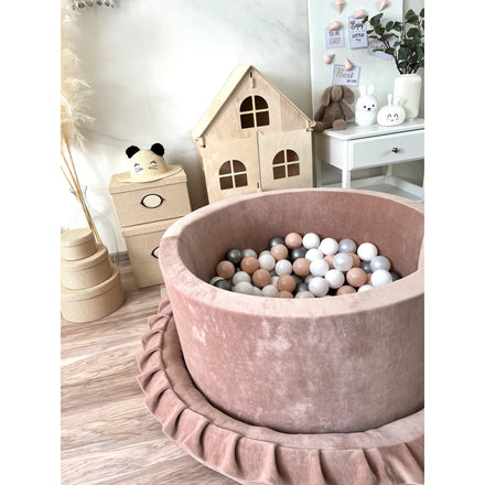 Moje ballenbad Soft Velvet dark beige met witte, parelmoer, zilveren en beige ballen