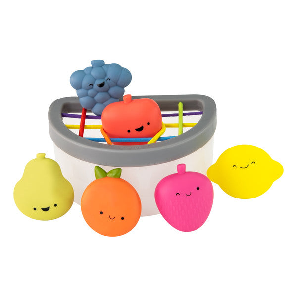 Sassy Fruit Fun Fill & Spill bak met zes zachte fruitjes en elastiekjes in het deksel