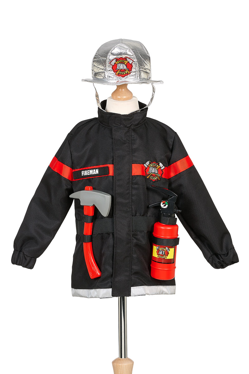 Souza Brandweerman Verkleedset Rood met Helm en Bijl, zwarte brandweerjas met zilveren helm
