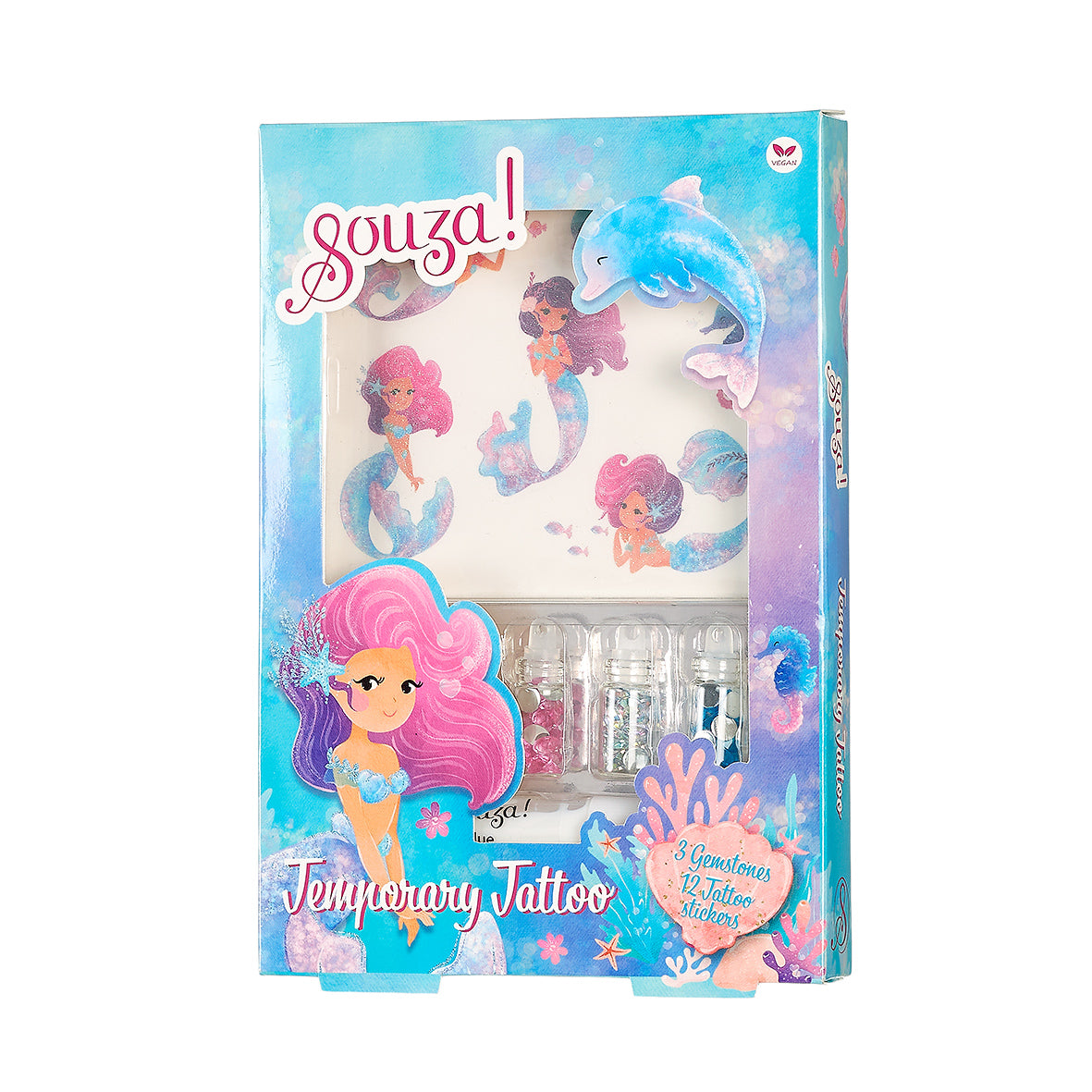 Souza Glitter Tattoo Set Mermaid Zeemeermin, verpakking met zeemeerminnen en dolfijn