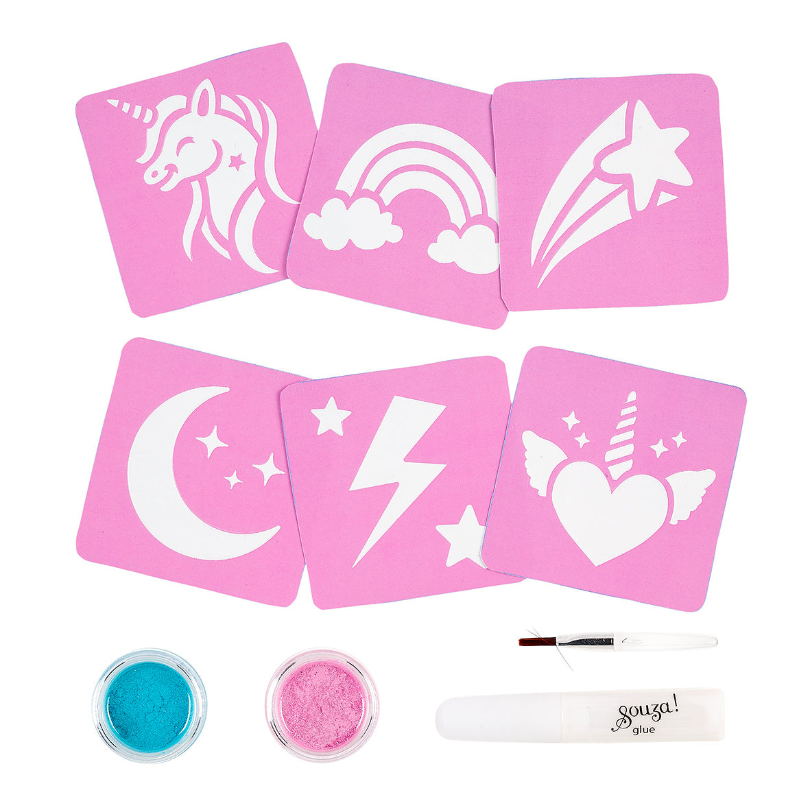 Souza Glitter Tattoo Set Unicorn, verpakking met eenhoorn op roze achtergrond