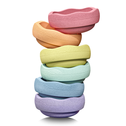 Stapelstein Original Mini Rainbow Pastel set van 6, kleine pastelstenen schuin op elkaar gestapeld