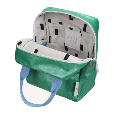 Sticky Lemon Rugzak Small Sticky Memories Glitter Green, geopende rugzak met binnenvakken
