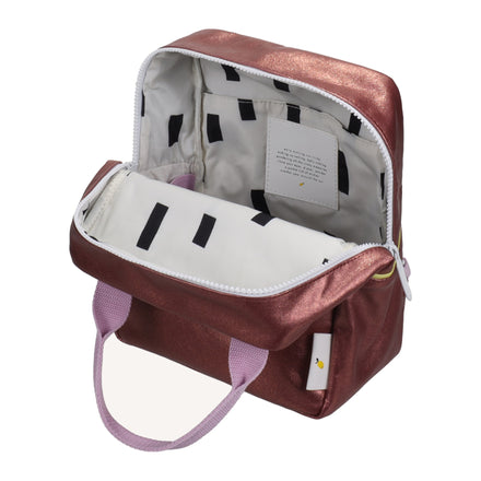 Sticky Lemon Rugzak Small Sticky Memories Glitter Horse Brown, geopende rugzak met binnenvakken