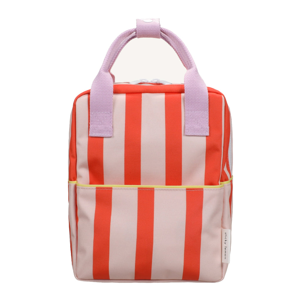 Sticky Lemon Rugzak Small Sticky Memories Stripes Nude Pink + Lifebuoy Orange, vooraanzicht van de gestreepte rugzak