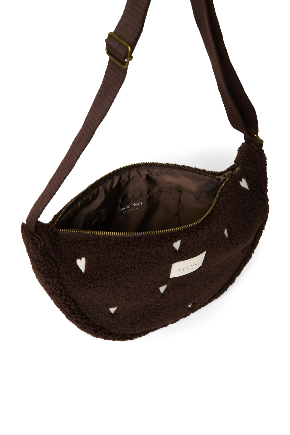 Studio Noos Adult Fanny Pack Chocolate Teddy Hearts, bruine teddy heuptas met hartjes en band