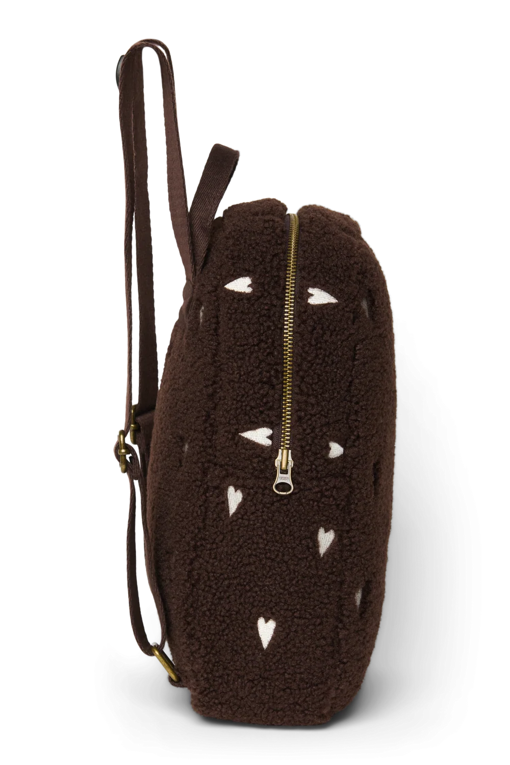 Studio Noos Mini Rugzakje Chocolate Teddy Hearts, zijkant met verstelbare bandjes
