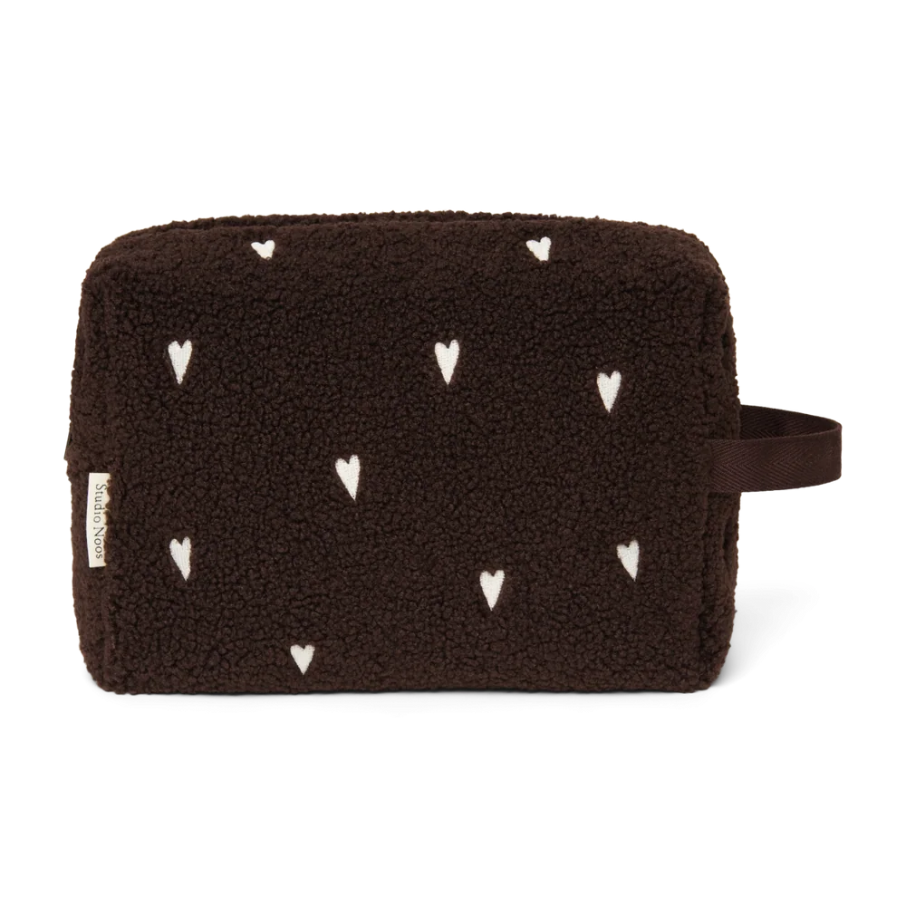 Studio Noos Toilettas Chocolate Teddy Hearts, bruine teddy toilettas met geborduurde hartjes