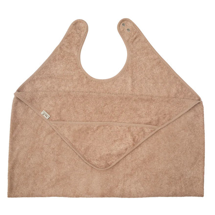 Timboo badcape ouder/baby bamboe Savannah Sand, knuffelhanddoek met halsopening plat uitgelegd