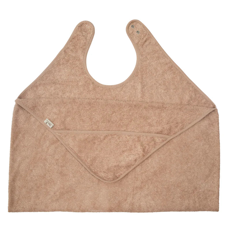 Timboo badcape ouder/baby bamboe Savannah Sand, knuffelhanddoek met halsopening plat uitgelegd