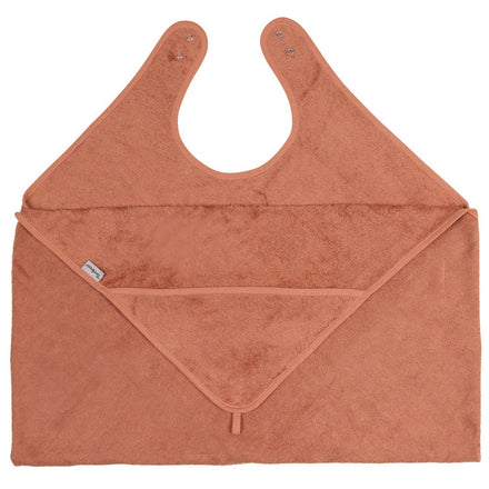 Timboo badcape ouder/baby bamboe Sunrise Orange, knuffelhanddoek met halsopening plat uitgelegd