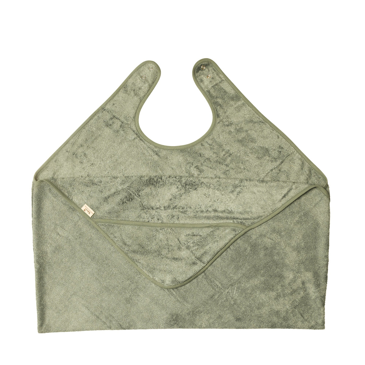 Timboo badcape ouder/baby bamboe Whisper Green, knuffelhanddoek met halsopening plat uitgelegd