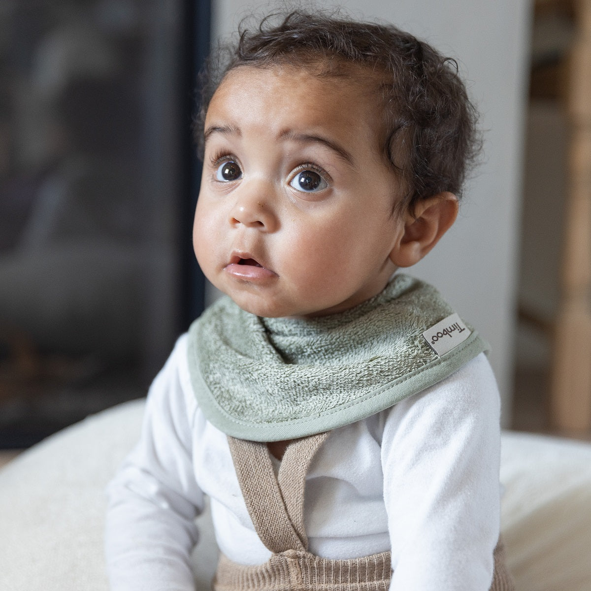Timboo waterproof bandana slab Whisper Green, kwijlslab van bamboebadstof met drukknoopjes