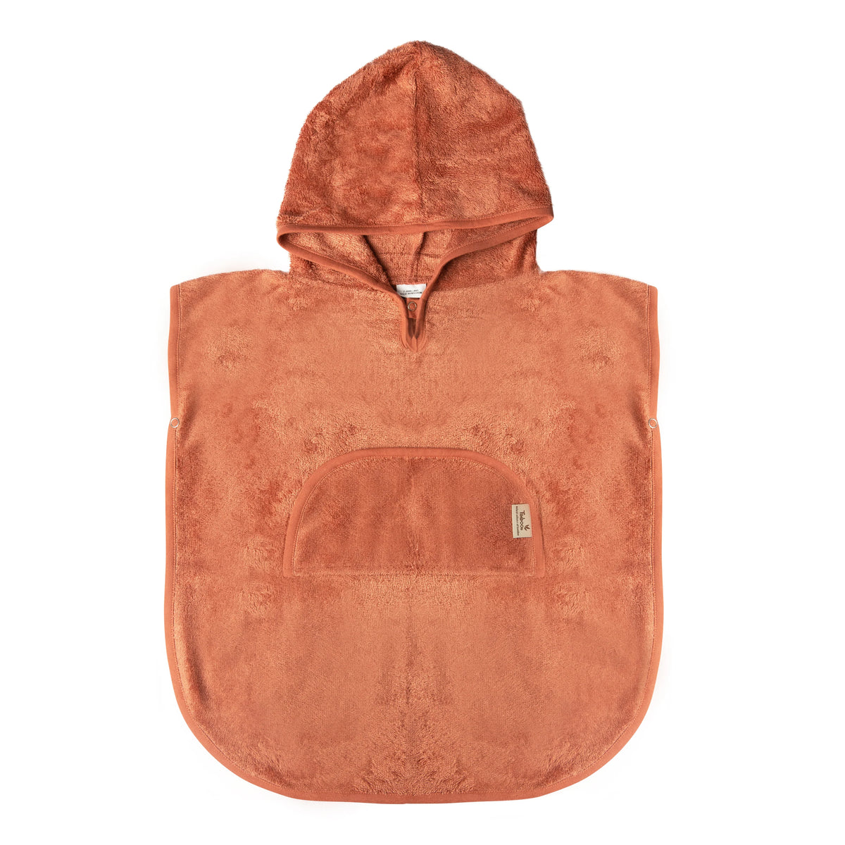 Timboo badponcho met V-hals voor kleuters Sunrise Orange, vooraanzicht met kap