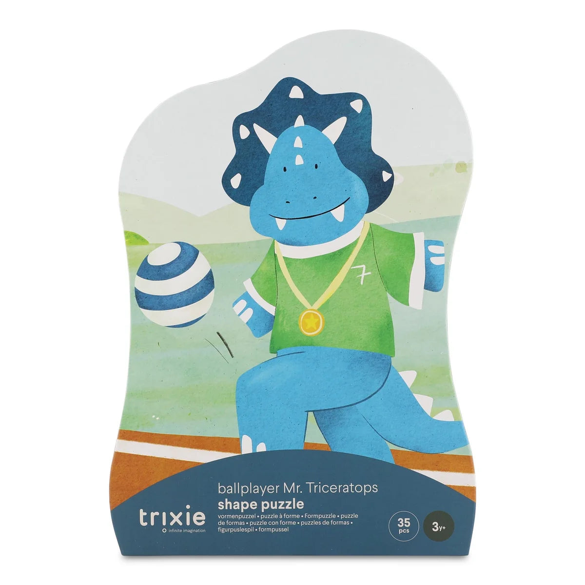 Trixie Vormenpuzzel Voetballer Mr. Triceratops 35st, vooraanzicht van de kartonnen vormenpuzzel