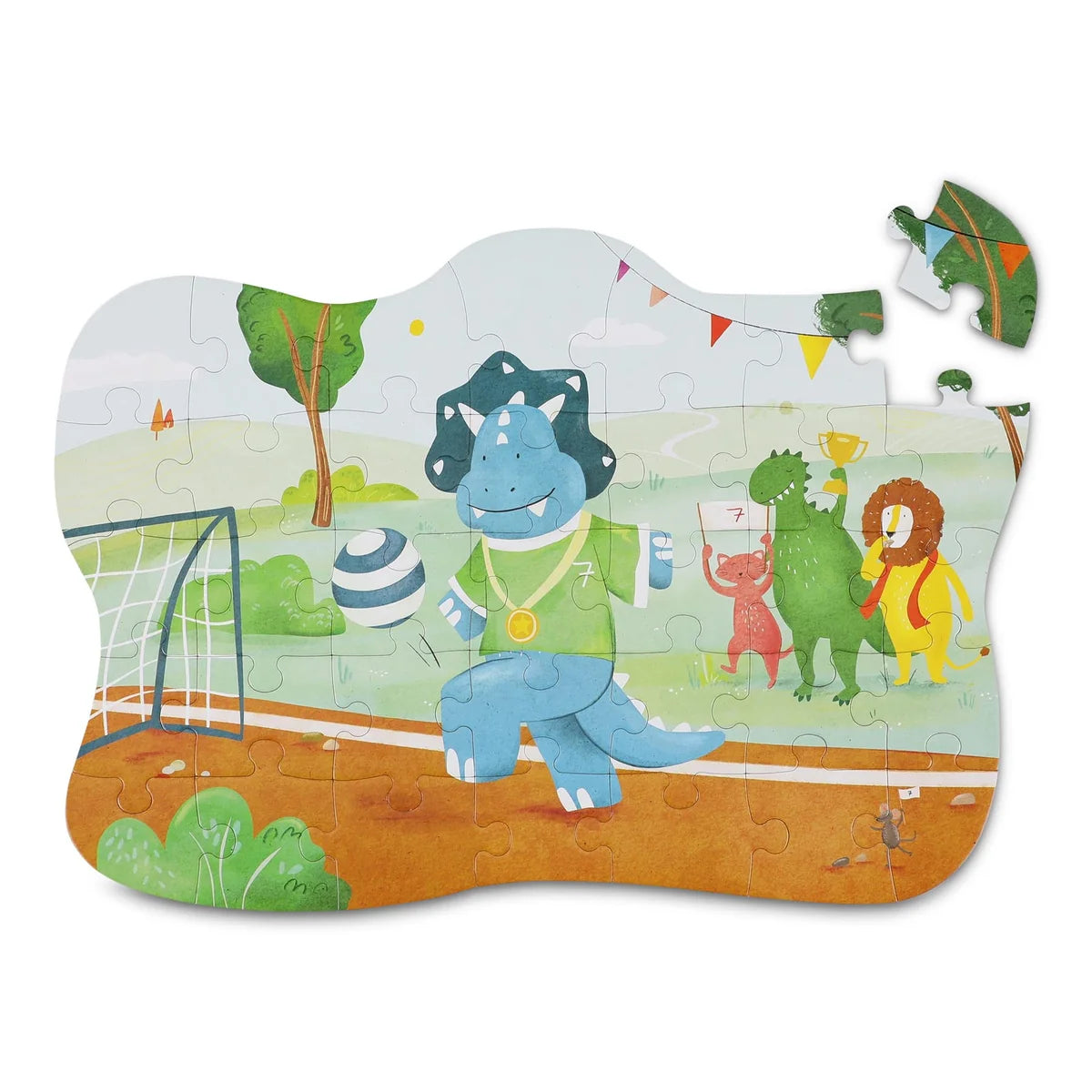 Trixie Vormenpuzzel Voetballer Mr. Triceratops 35st, vooraanzicht van de kartonnen vormenpuzzel