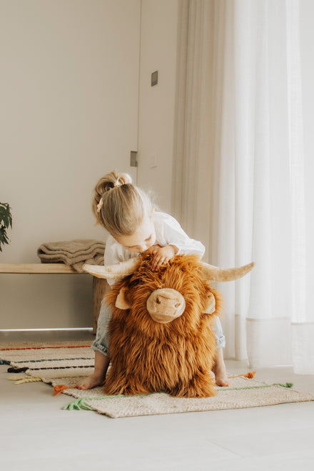 Wild & Soft Bouncy Highland Koe, meisje op de Highland koe in een lichte kamer, van ver