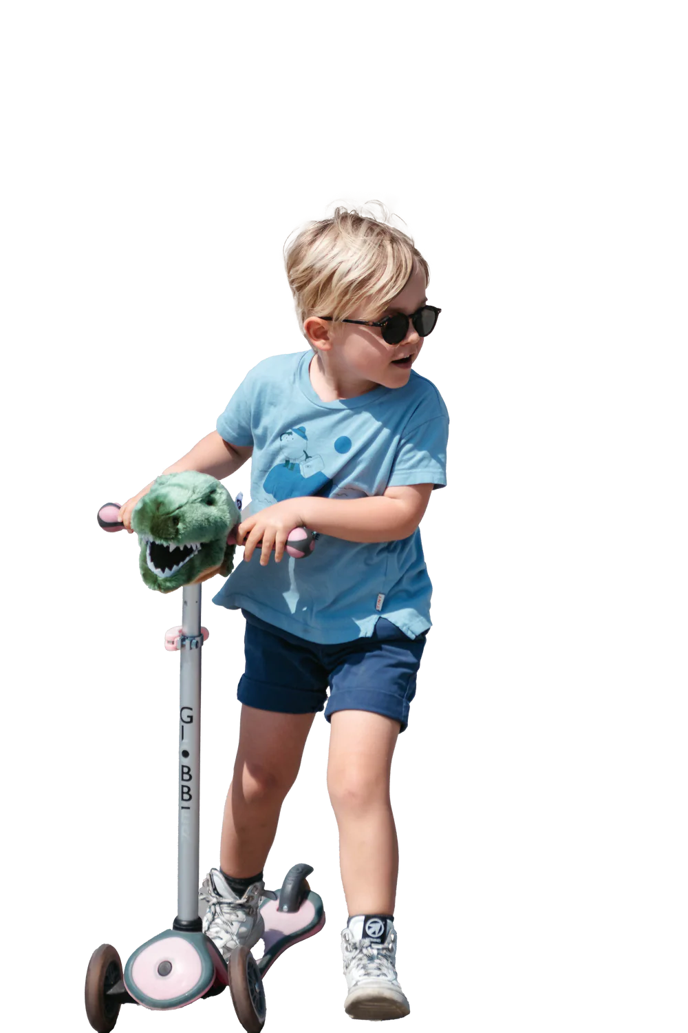 Wild & Soft Scooter Hoofd T-Rex, groen dinohoofdje met open bek op het stuur van een step