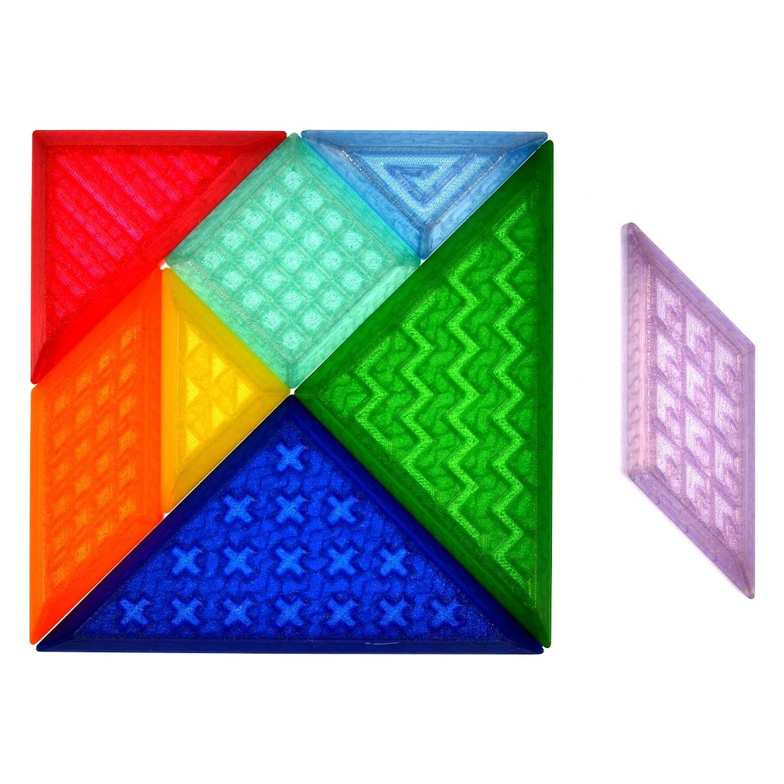 X Creator Play Tangram, acht transparante puzzelstukken in regenboogkleuren op witte achtergrond