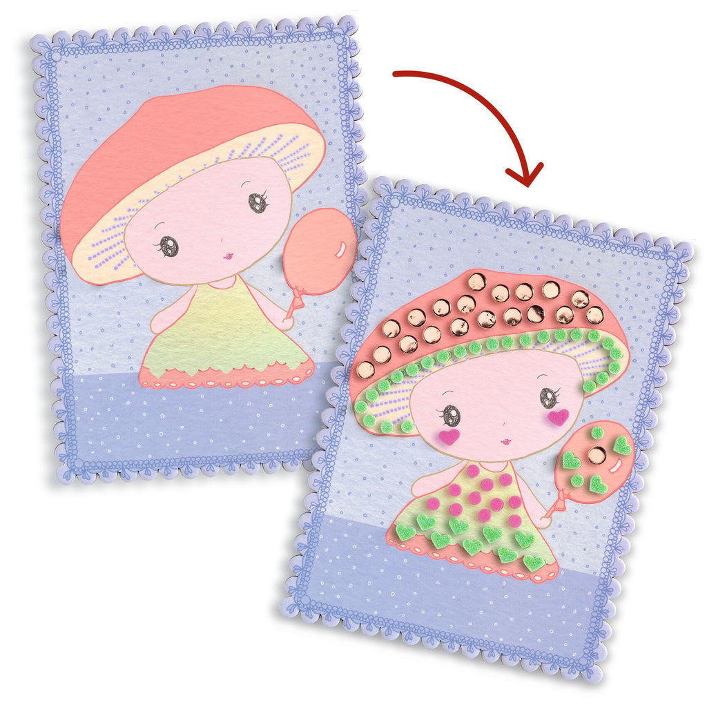 Mozaïekset Stella & Co van Djeco met Tinyly-vriendjes Stella, Minico en Mushy, De Gele Flamingo
