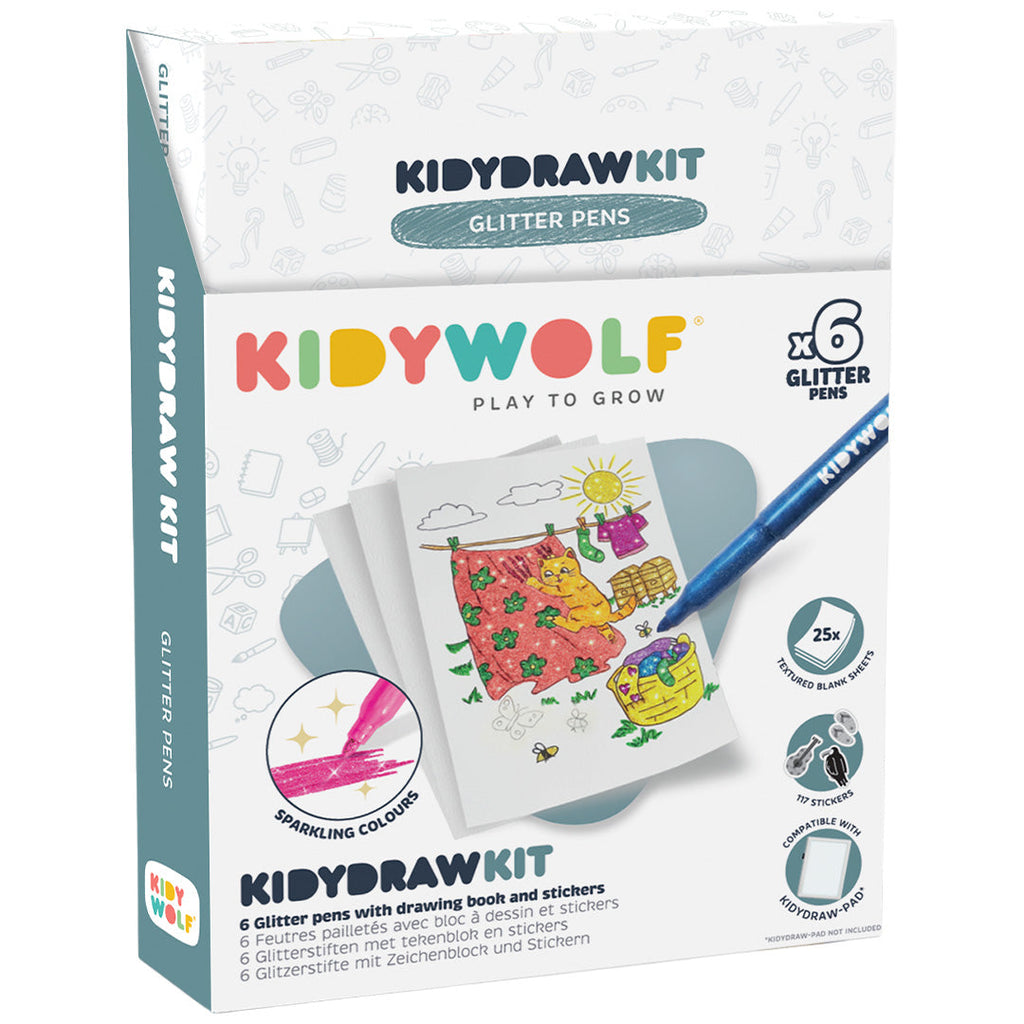 Kidywolf Kidydraw Kit Creatieve Set 6 Glitterstiften, de verpakking