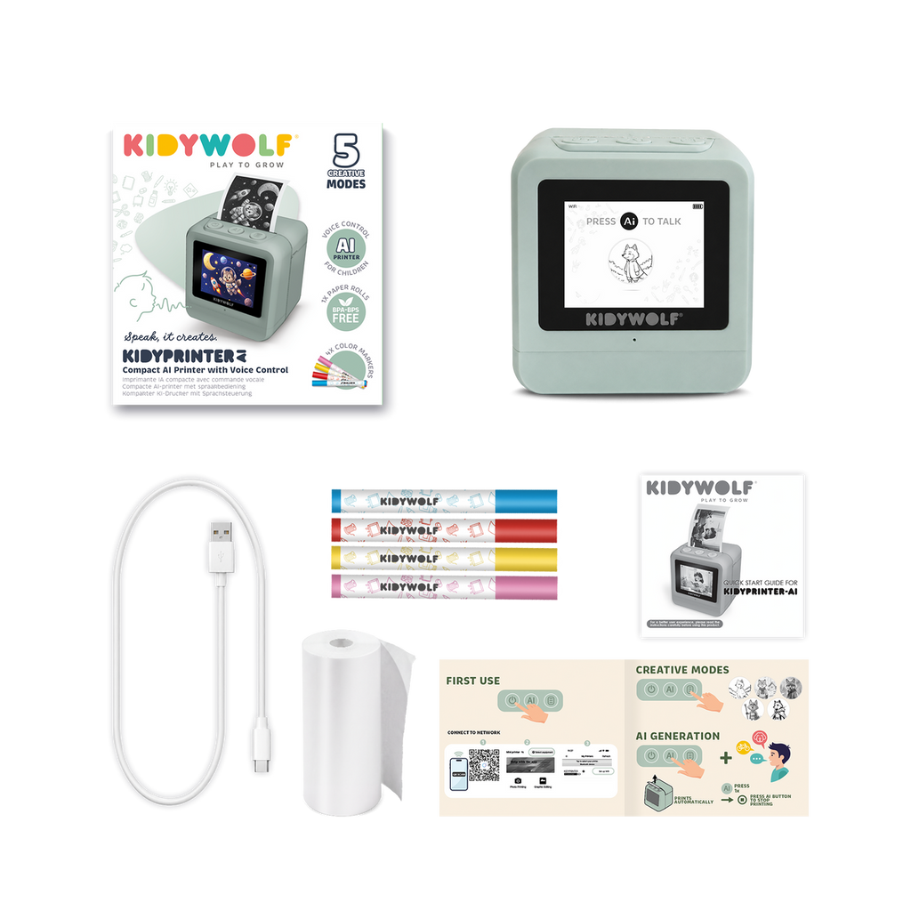 Kidywolf Kidyprinter AI Creatieve Printer Zonder Inkt, de inhoud van de doos