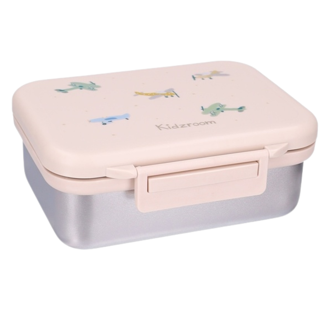 Kidzroom RVS brooddoos Small Talk Beige met vliegtuigjes op het deksel, bij De Gele Flamingo