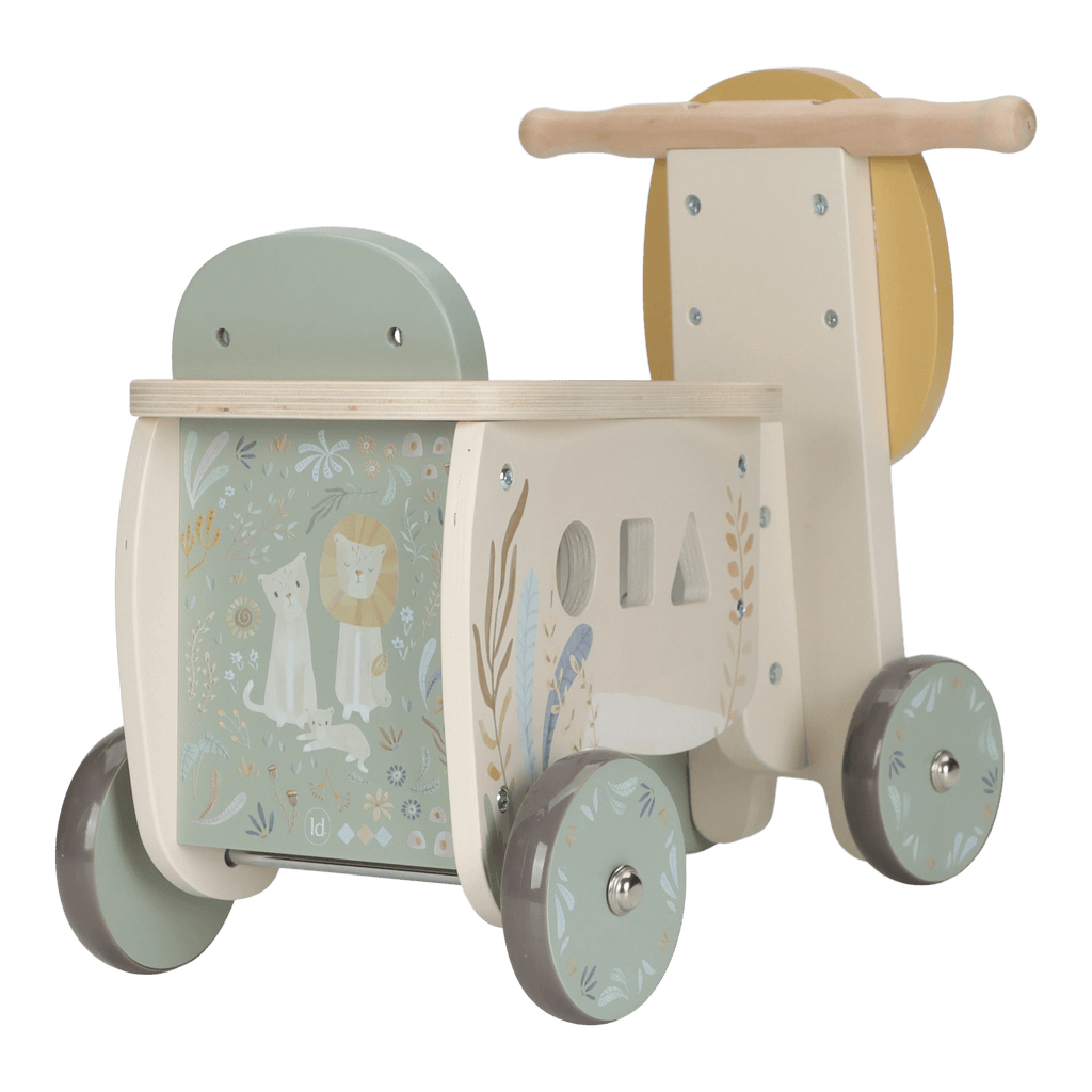 Little Dutch houten loopfiets Safari Friends Leeuw met beweegbare tandwielen, bij De Gele Flamingo
