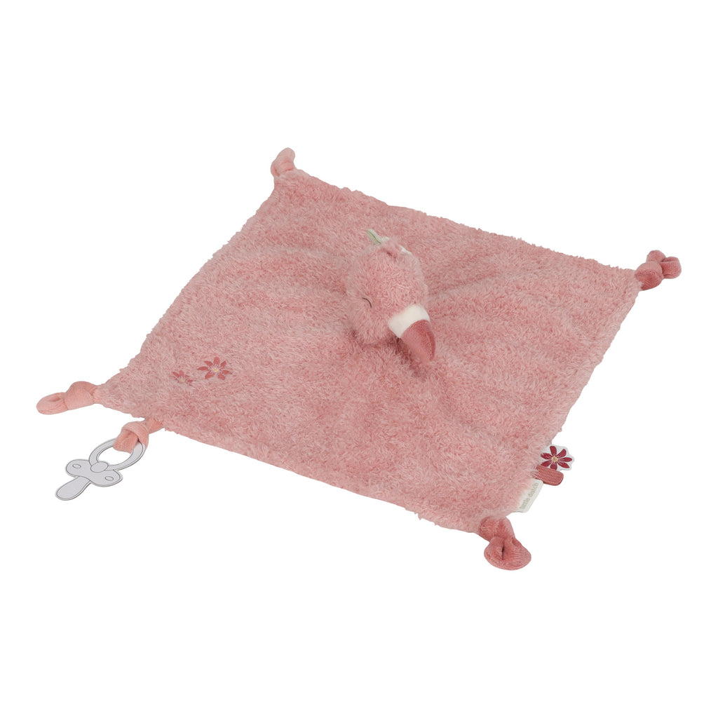 Little Dutch Knuffeldoekje Safari Friends Flamingo met speelse labels, De Gele Flamingo