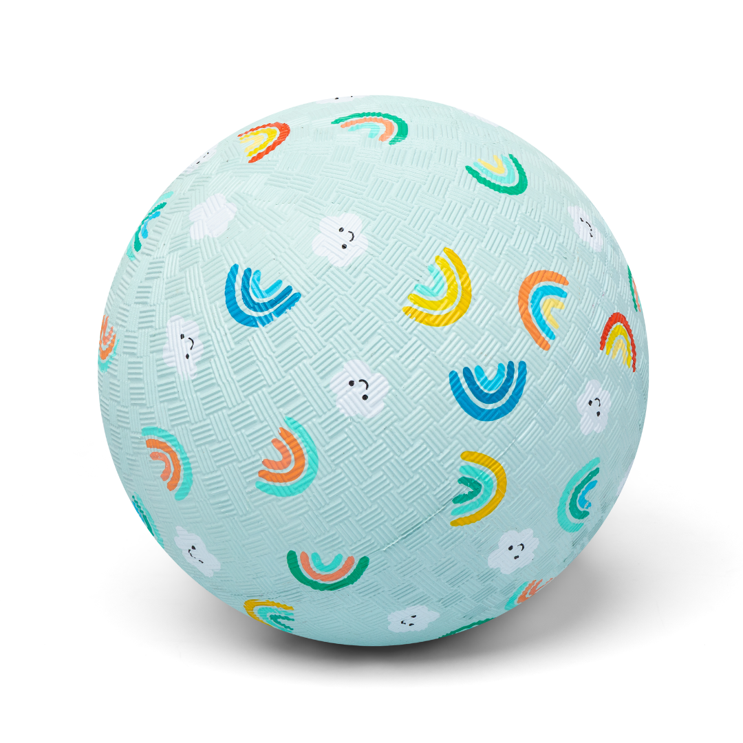 Little L rubber bal van 18 cm met regenbogen en wolkjes, speelbal bij De Gele Flamingo