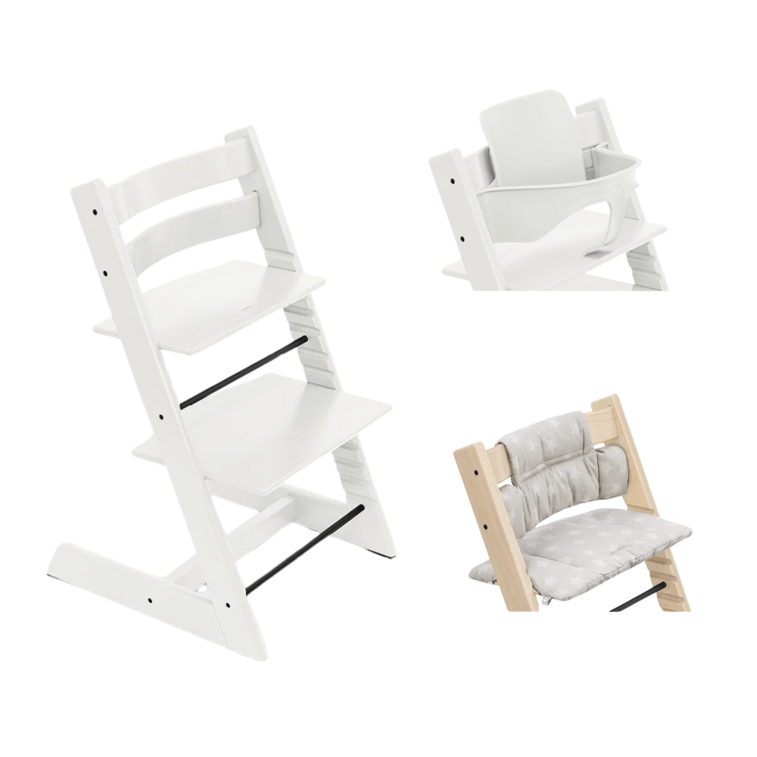 * Stokke® Tripp Trapp® Bundle Stoel + Babyset + Kussen | White Star Silver