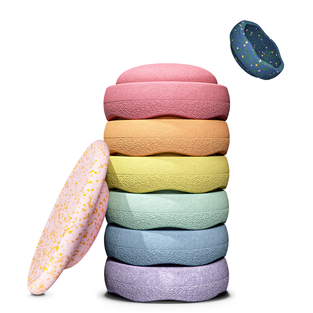 Stapelstein Spring Special Rainbow Set Pastel met zes Original stenen, balansbord en gratis mini steen in zachte pasteltinten