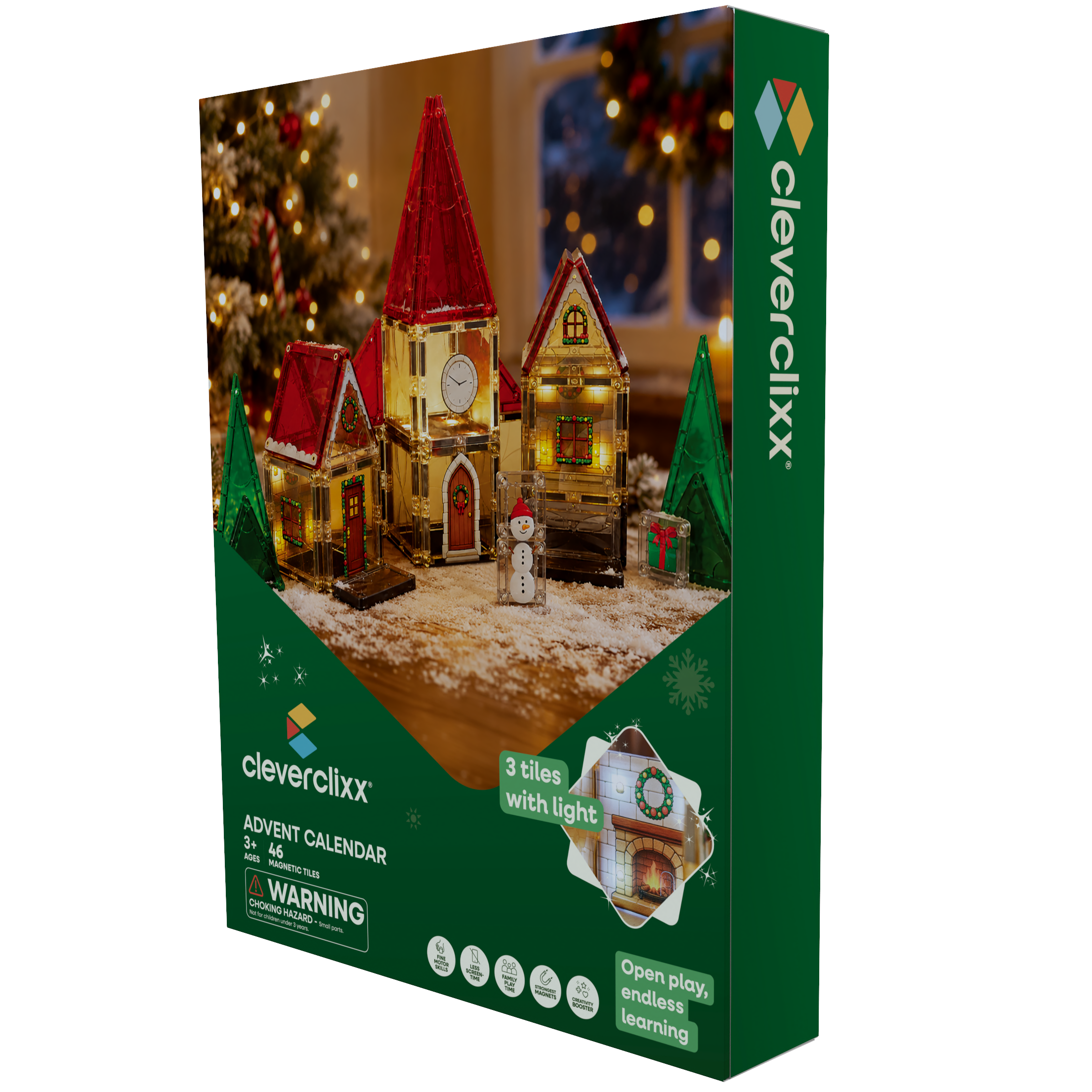 Cleverclixx Christmas Village Advent Calendar met 46 magneettegels achter 24 deurtjes, De Gele Flamingo