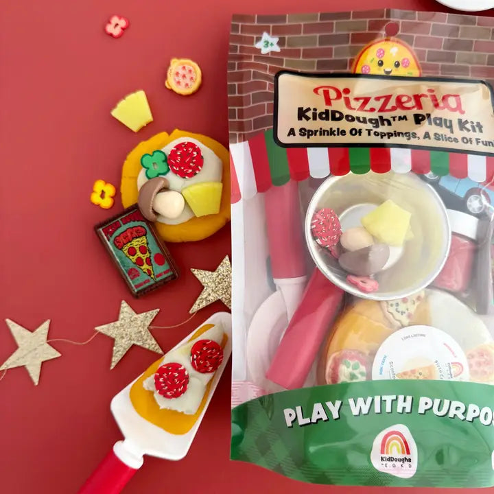 Earth Grown KidDoughs klei speelset Pizzeria met deegroller, pizzasnijder en toppings, De Gele Flamingo
