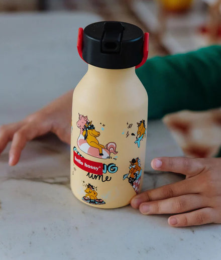 Hello Hossy drinkfles Unicorn, print van dichtbij