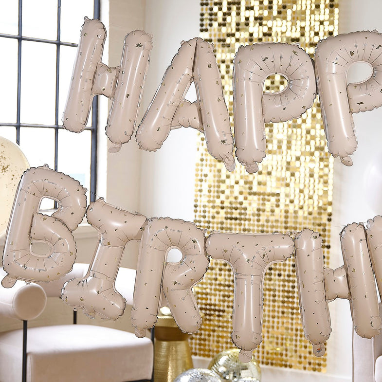 Ginger Ray Balloon Bunting - Happy Birthday Cream with Gold Fleck