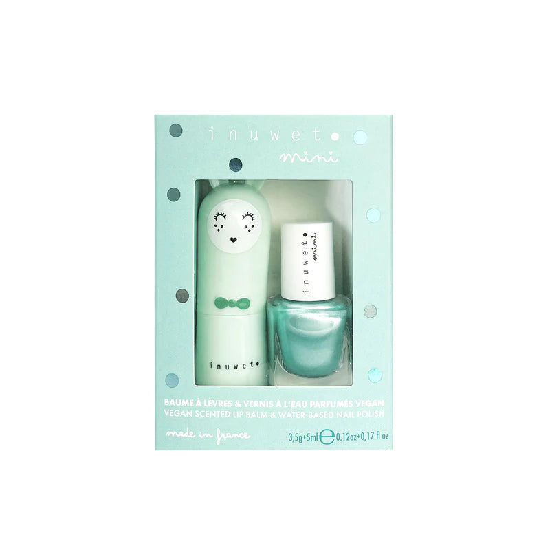 Inuwet Duo Kids Aqua met lippenbalsem en afpelbare nagellak op waterbasis, verpakking vooraanzicht