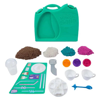 Kinetic Sand cafékoffer met cappuccinokopjes, frappébeker en schotel, sensorisch zand bij De Gele Flamingo