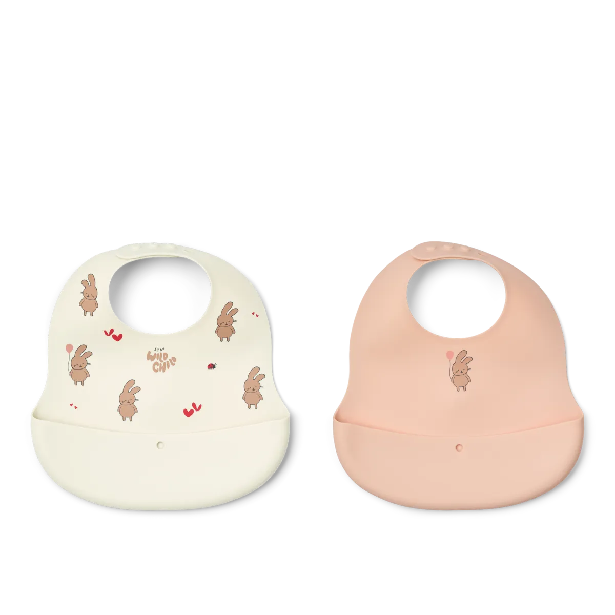 Liewood Ember set van 2 siliconen slabben in Wild Child en Rosey met opvangbak, bij De Gele Flamingo