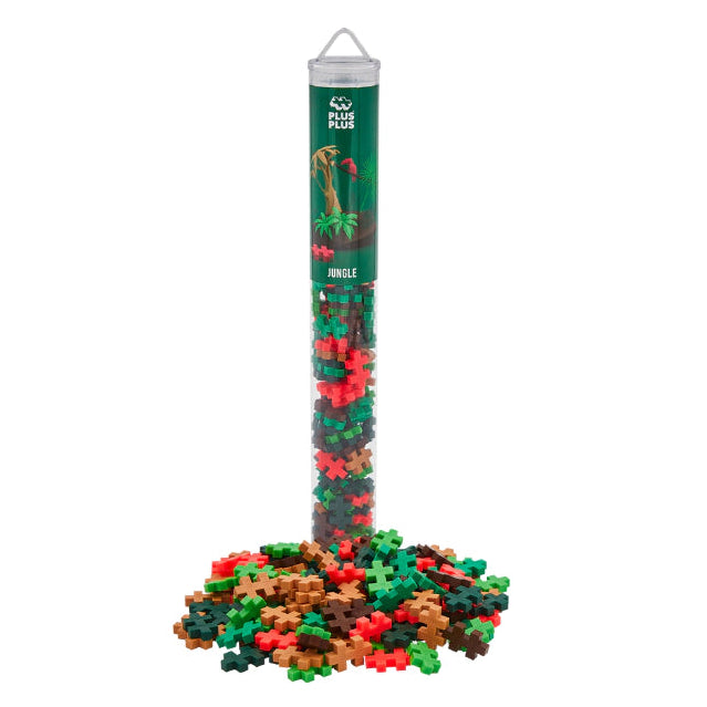 Plus-Plus Tube Jungle met 100 bouwsteentjes in groene, bruine en koraalrode jungletinten