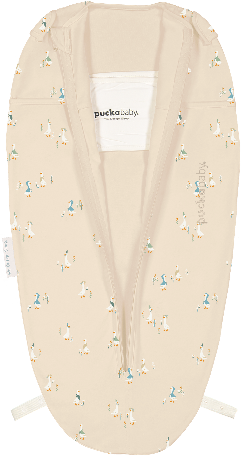 Open Puckababy Mini inbakerslaapzak Geese met armritsjes en buikband, te vinden bij De Gele Flamingo