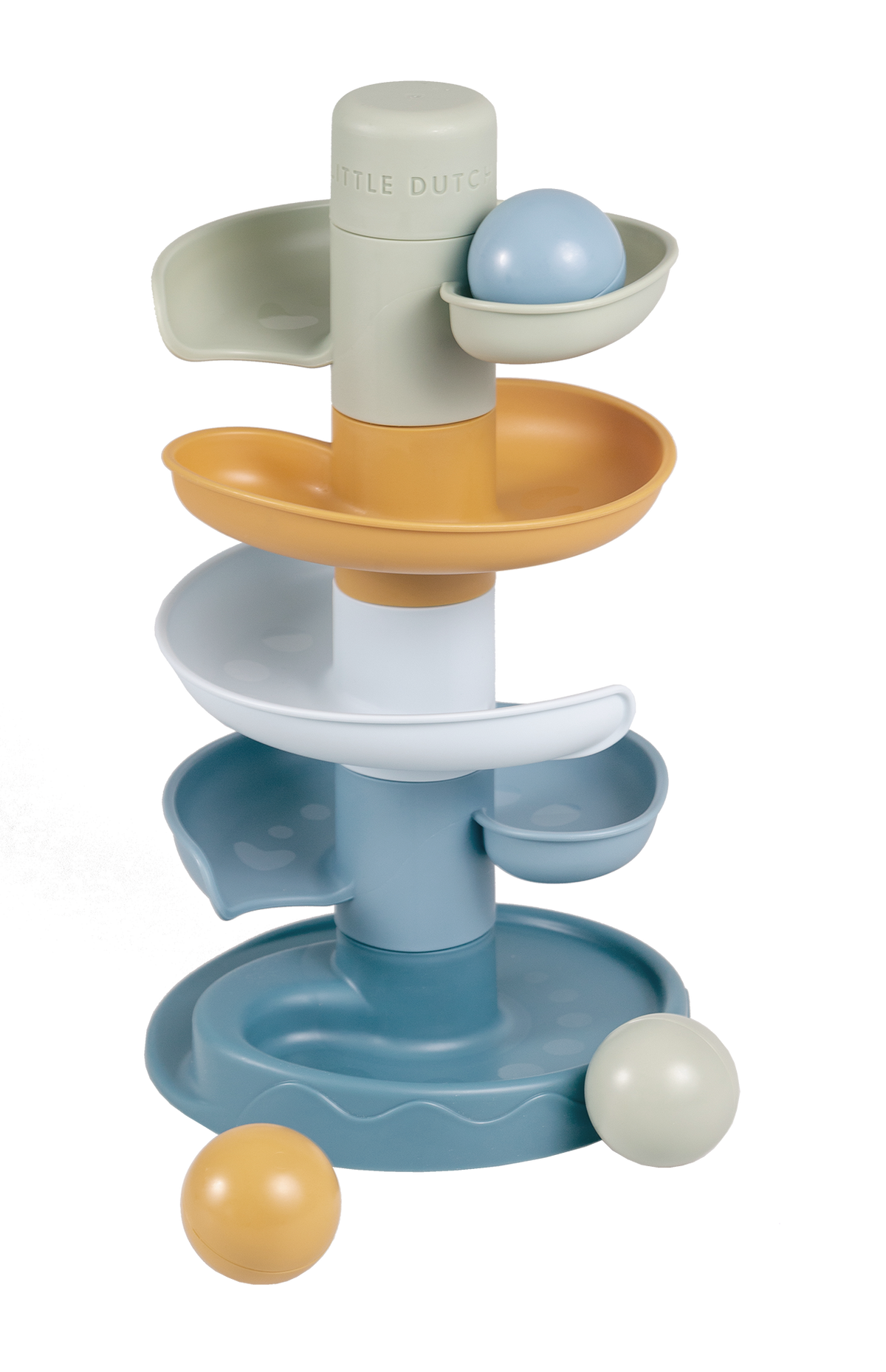Little Dutch spiraaltoren blauw met balletjes op houten ondergrond