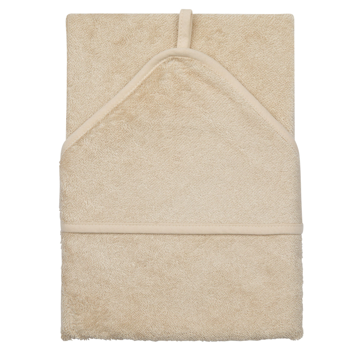 Timboo badcape bamboe Frosted Almond, plat uitgelegd met het kapje bovenaan